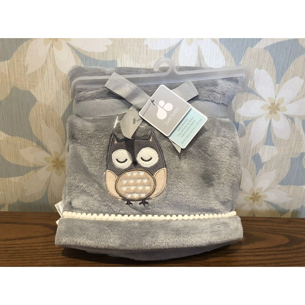 New Just Born "Hello" Owl Baby Blanket Plush Gray Embroidered Boy/Girl